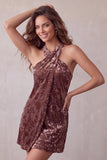 Khaki Velvet Floral A Line Halter Short Homecoming Dress