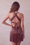 Khaki Velvet Floral A Line Halter Short Homecoming Dress