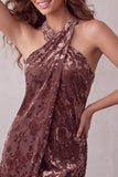 Khaki Velvet Floral A Line Halter Short Homecoming Dress