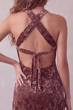Khaki Velvet Floral A Line Halter Short Homecoming Dress