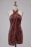 Khaki Velvet Floral A Line Halter Short Homecoming Dress