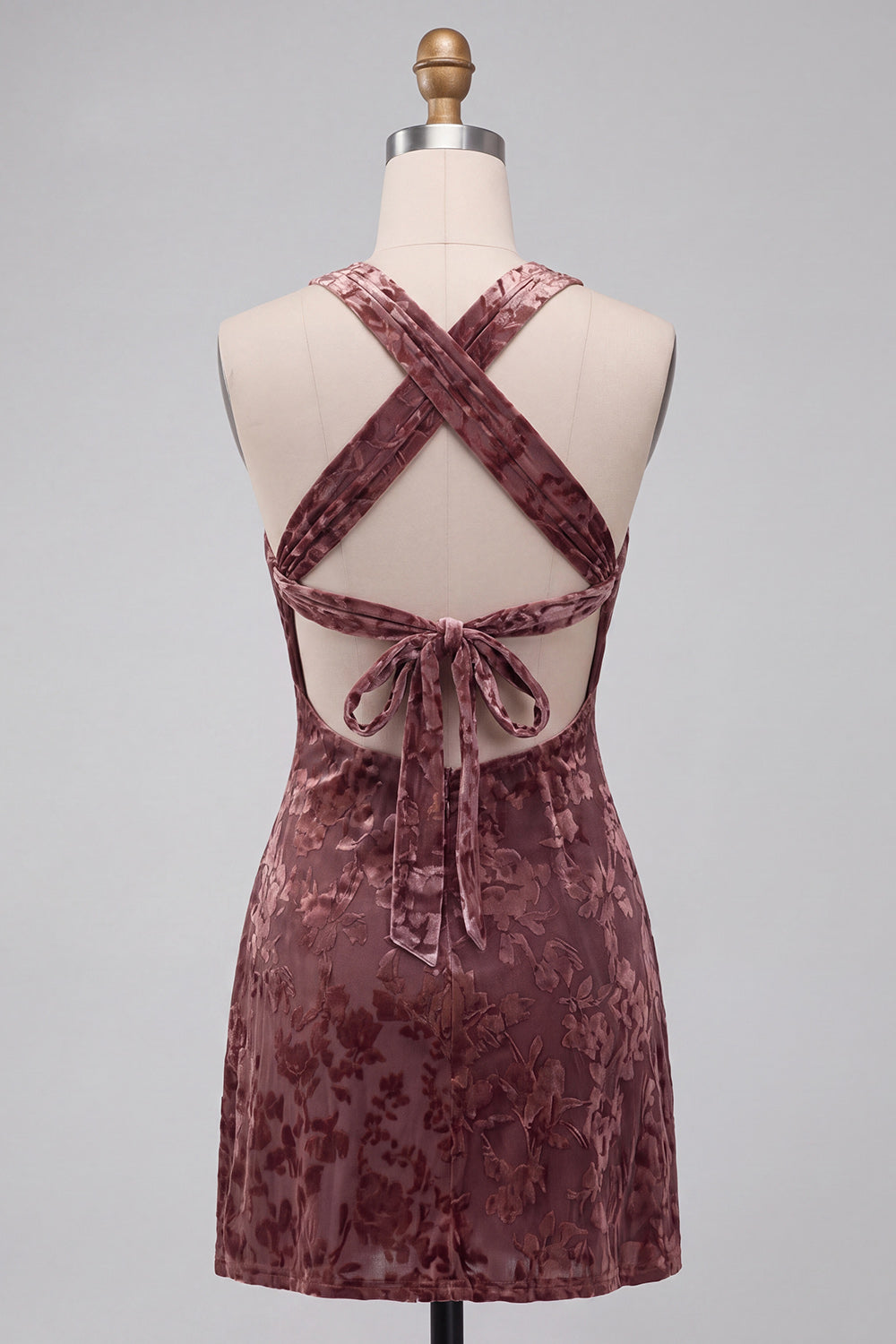 Khaki Velvet Floral A Line Halter Short Homecoming Dress
