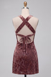 Khaki Velvet Floral A Line Halter Short Homecoming Dress