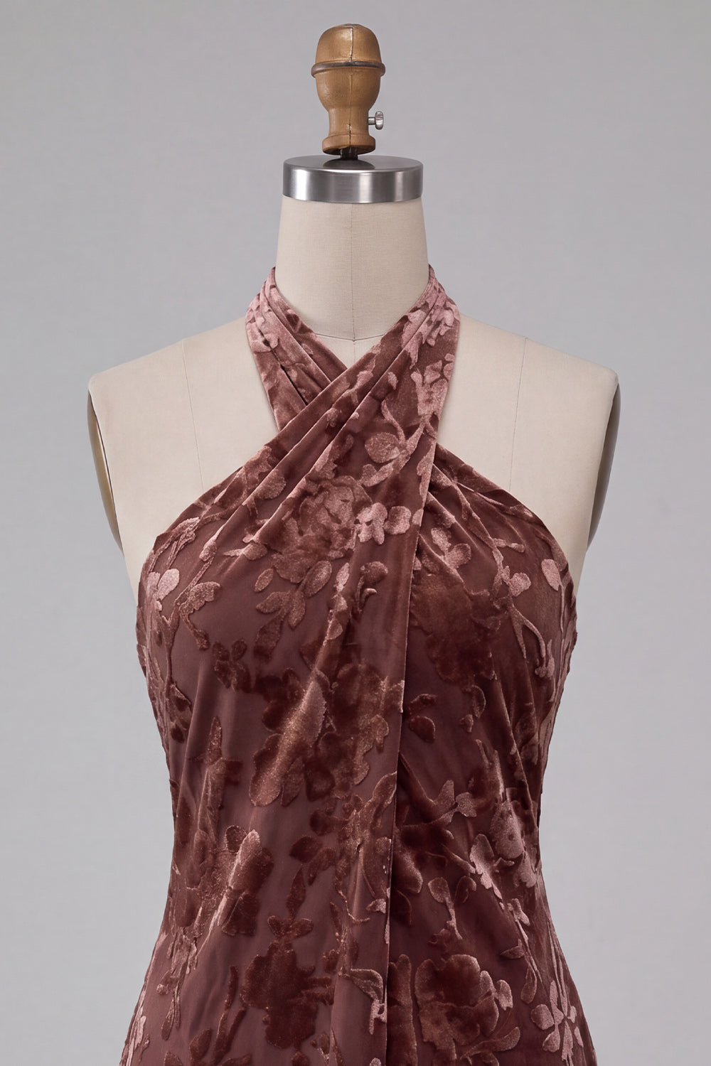 Khaki Velvet Floral A Line Halter Short Homecoming Dress