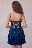 Navy Velvet Cowl Neck Tiered Ruffled Short Corset Homecoming Dress