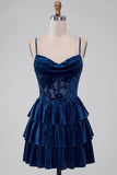 Navy Velvet Cowl Neck Tiered Ruffled Short Corset Homecoming Dress