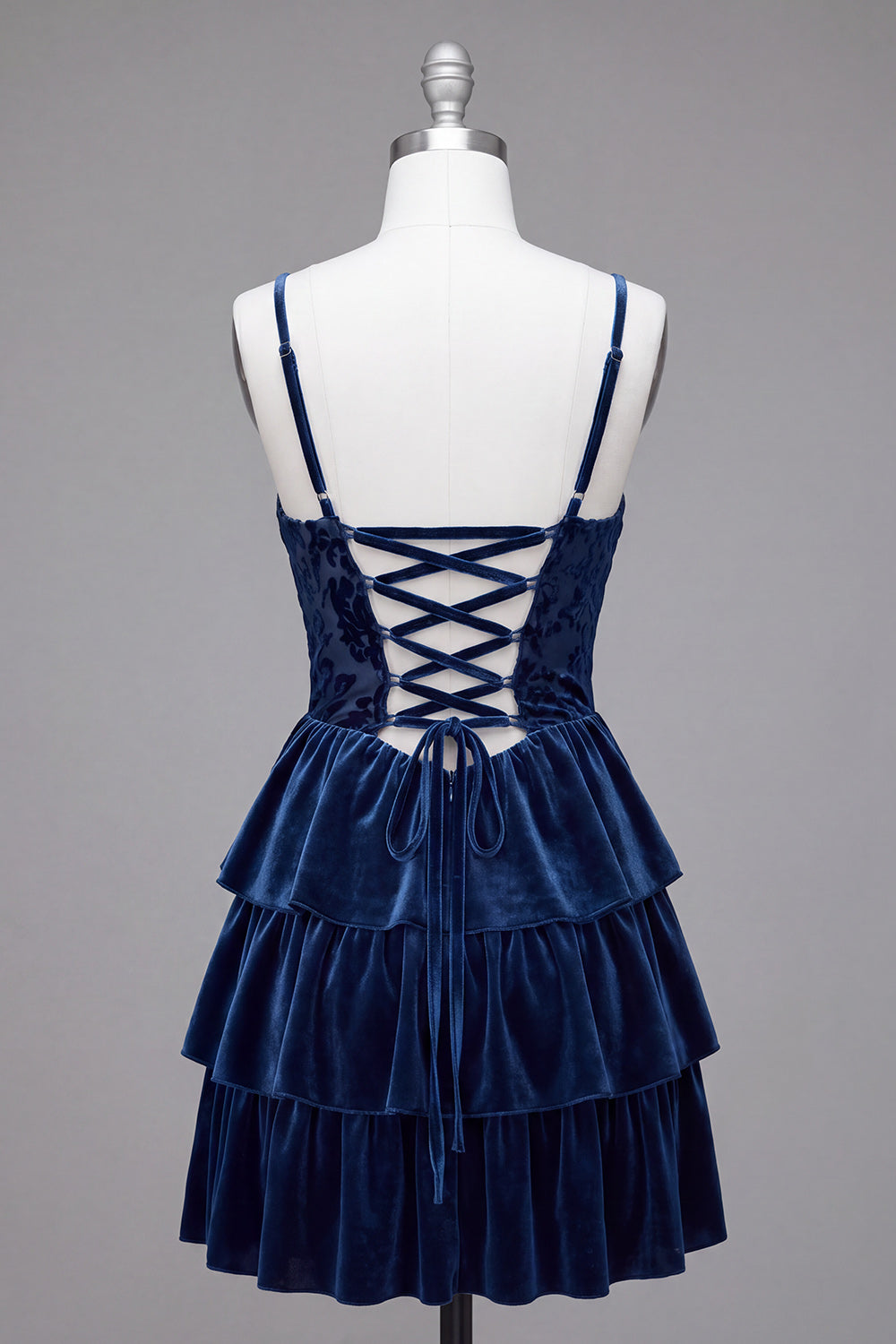 Navy Velvet Cowl Neck Tiered Ruffled Short Corset Homecoming Dress