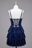 Navy Velvet Cowl Neck Tiered Ruffled Short Corset Homecoming Dress