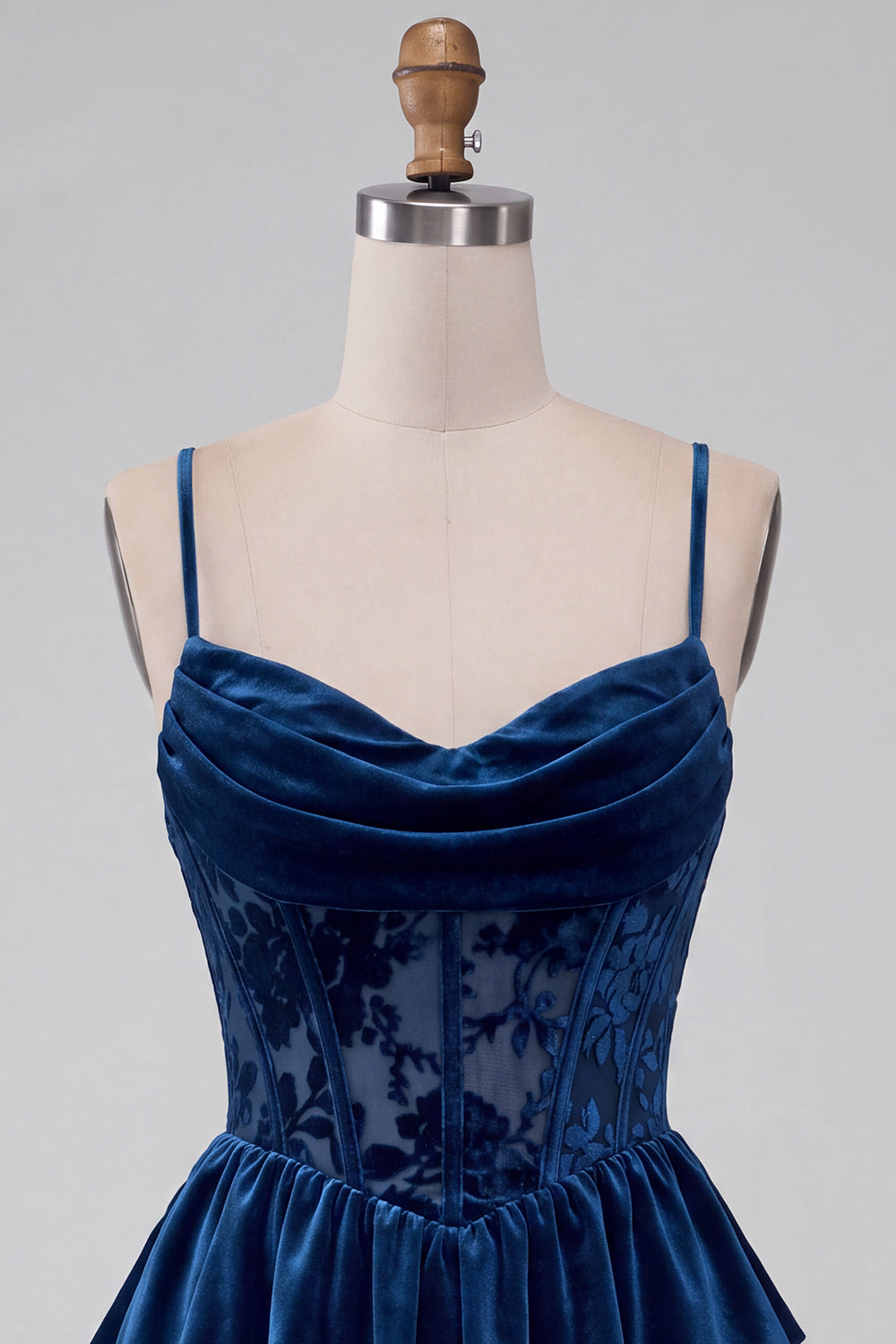 Navy Velvet Cowl Neck Tiered Ruffled Short Corset Homecoming Dress