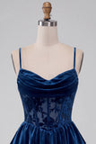 Navy Velvet Cowl Neck Tiered Ruffled Short Corset Homecoming Dress