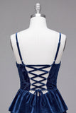 Navy Velvet Cowl Neck Tiered Ruffled Short Corset Homecoming Dress