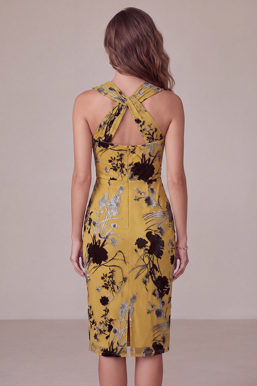Ginger Yellow Floral Keyhole Sheath Midi Cocktail Dress