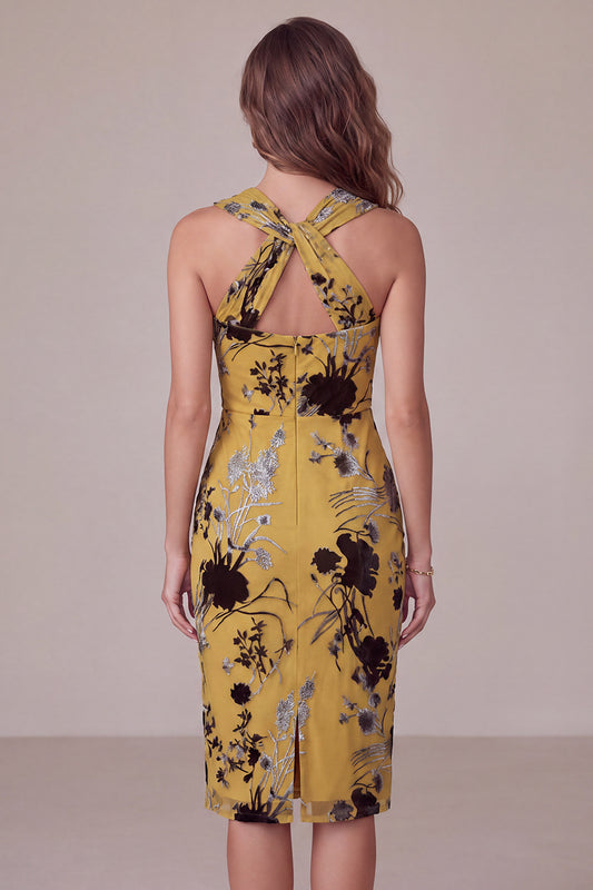 Ginger Yellow Floral Keyhole Sheath Midi Cocktail Dress