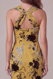 Ginger Yellow Floral Keyhole Sheath Midi Cocktail Dress
