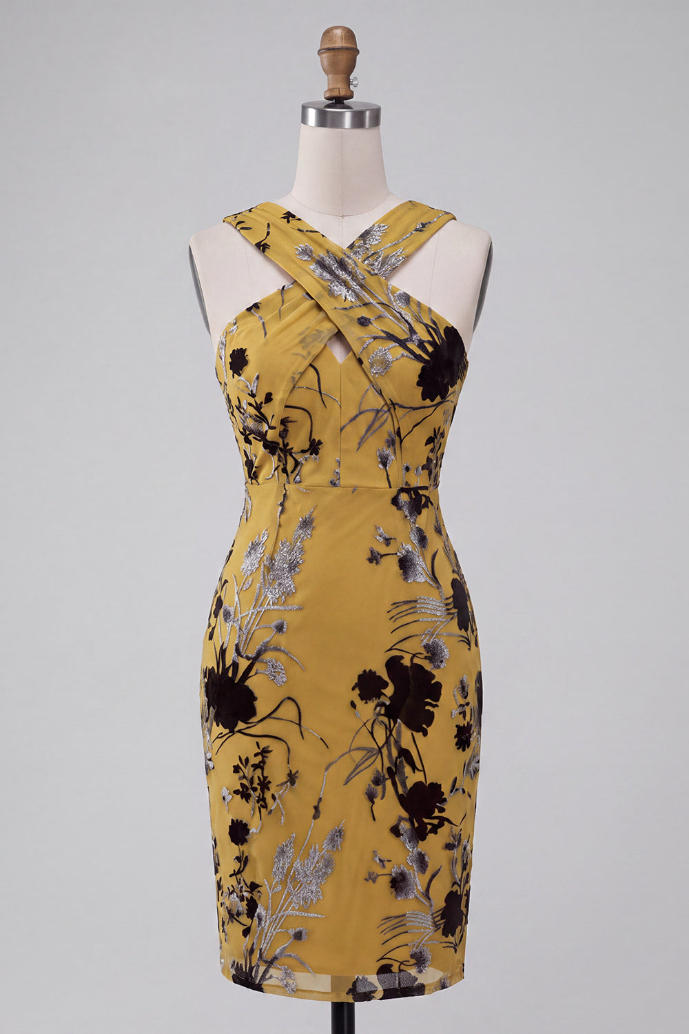 Ginger Yellow Floral Keyhole Sheath Midi Cocktail Dress