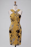 Ginger Yellow Floral Keyhole Sheath Midi Cocktail Dress