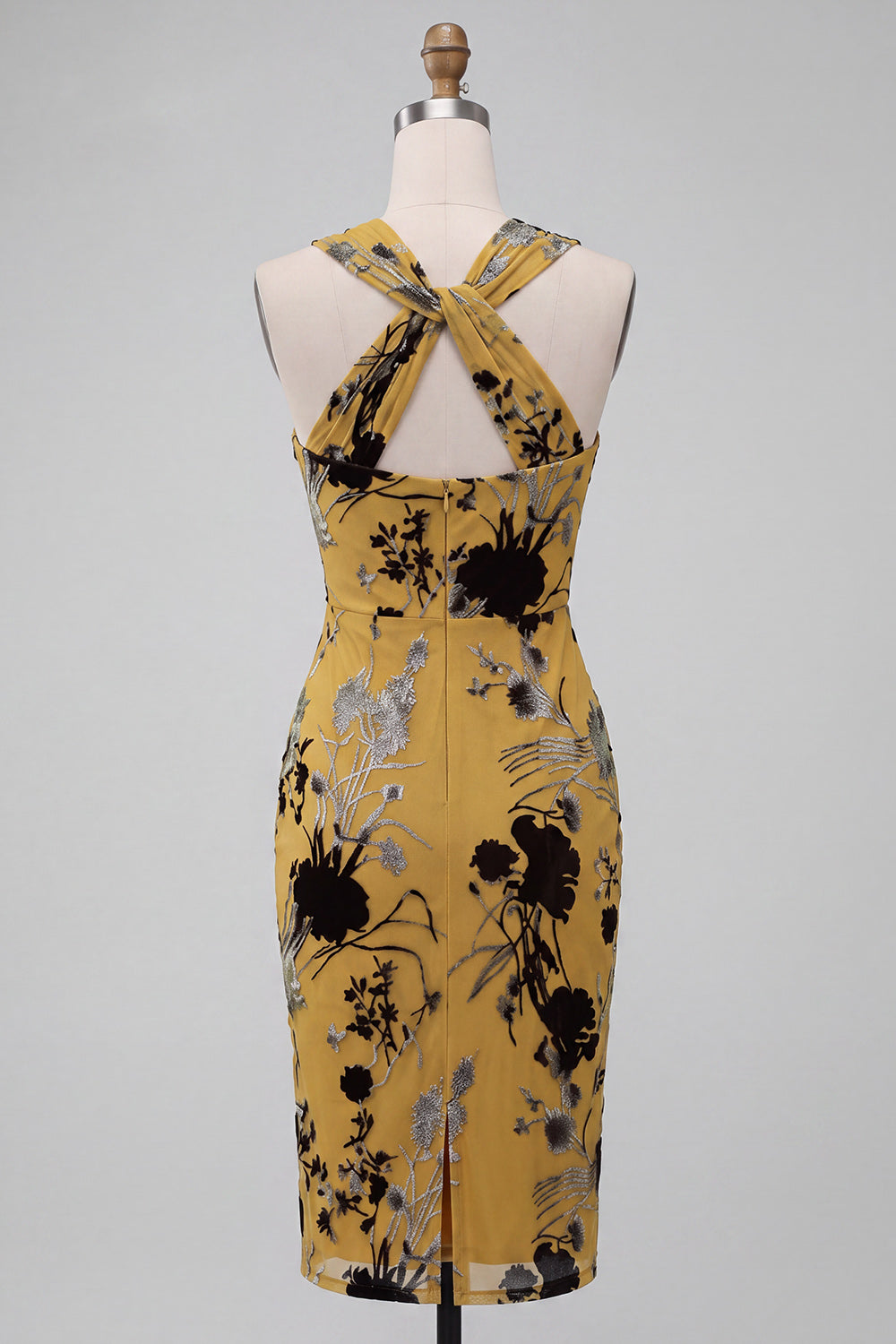 Ginger Yellow Floral Keyhole Sheath Midi Cocktail Dress