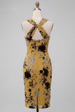 Ginger Yellow Floral Keyhole Sheath Midi Cocktail Dress