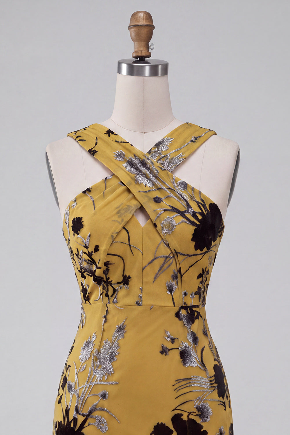 Ginger Yellow Floral Keyhole Sheath Midi Cocktail Dress