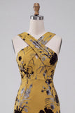 Ginger Yellow Floral Keyhole Sheath Midi Cocktail Dress