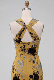 Ginger Yellow Floral Keyhole Sheath Midi Cocktail Dress