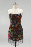 Black Floral Strapless Tight Short Homecoming Dress with Fringes