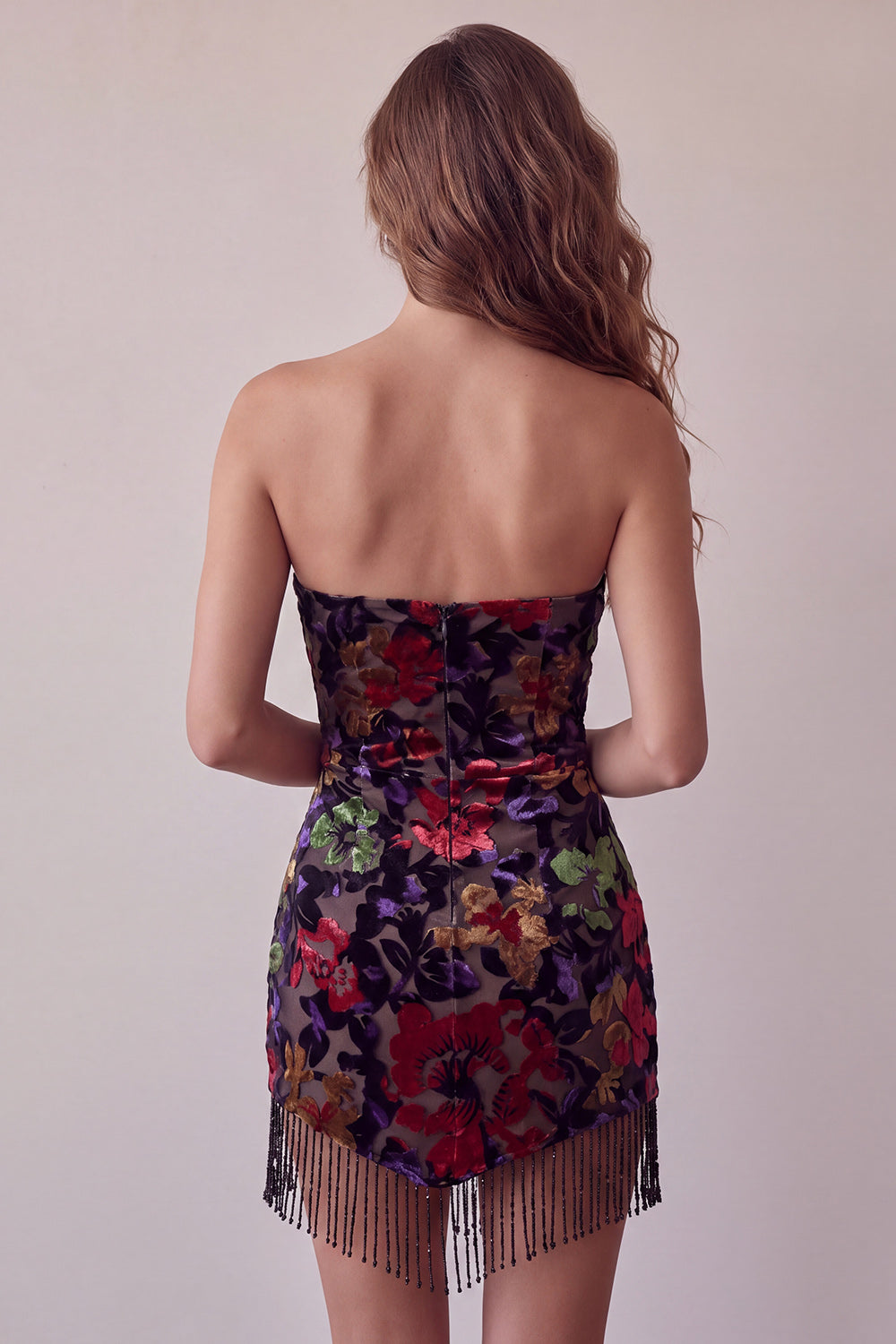 Black Floral Strapless Tight Short Homecoming Dress with Fringes