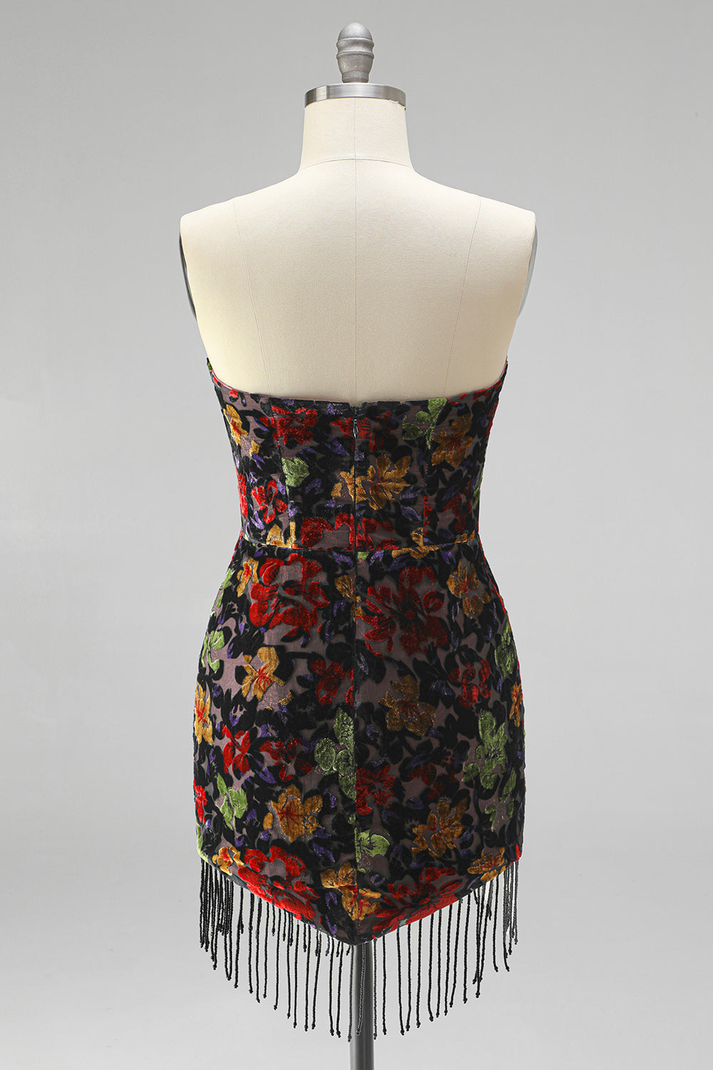Black Floral Strapless Tight Short Homecoming Dress with Fringes