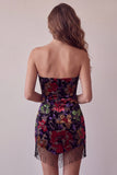 Black Floral Strapless Tight Short Homecoming Dress with Fringes