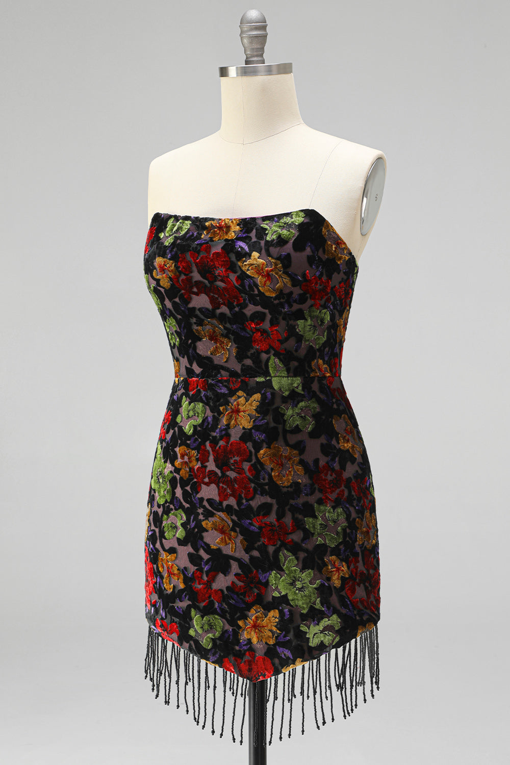 Black Floral Strapless Tight Short Homecoming Dress with Fringes