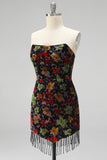 Black Floral Strapless Tight Short Homecoming Dress with Fringes