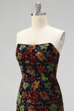 Black Floral Strapless Tight Short Homecoming Dress with Fringes