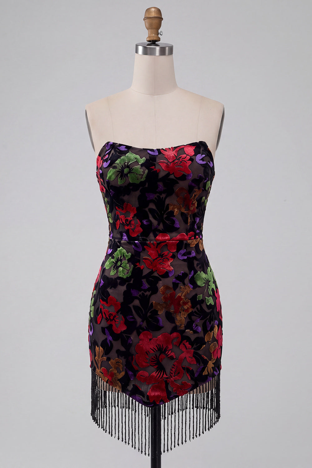 Black Floral Strapless Tight Short Homecoming Dress with Fringes