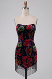 Black Floral Strapless Tight Short Homecoming Dress with Fringes