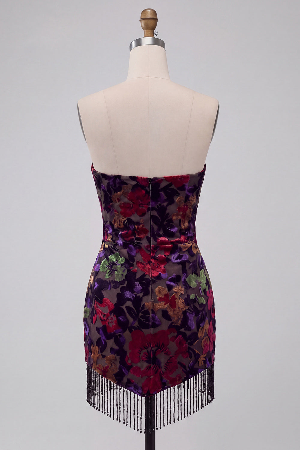 Black Floral Strapless Tight Short Homecoming Dress with Fringes