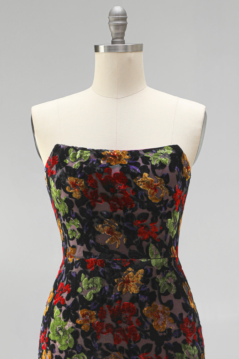 Black Floral Strapless Tight Short Homecoming Dress with Fringes