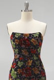 Black Floral Strapless Tight Short Homecoming Dress with Fringes