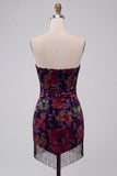 Black Floral Strapless Tight Short Homecoming Dress with Fringes