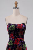 Black Floral Strapless Tight Short Homecoming Dress with Fringes
