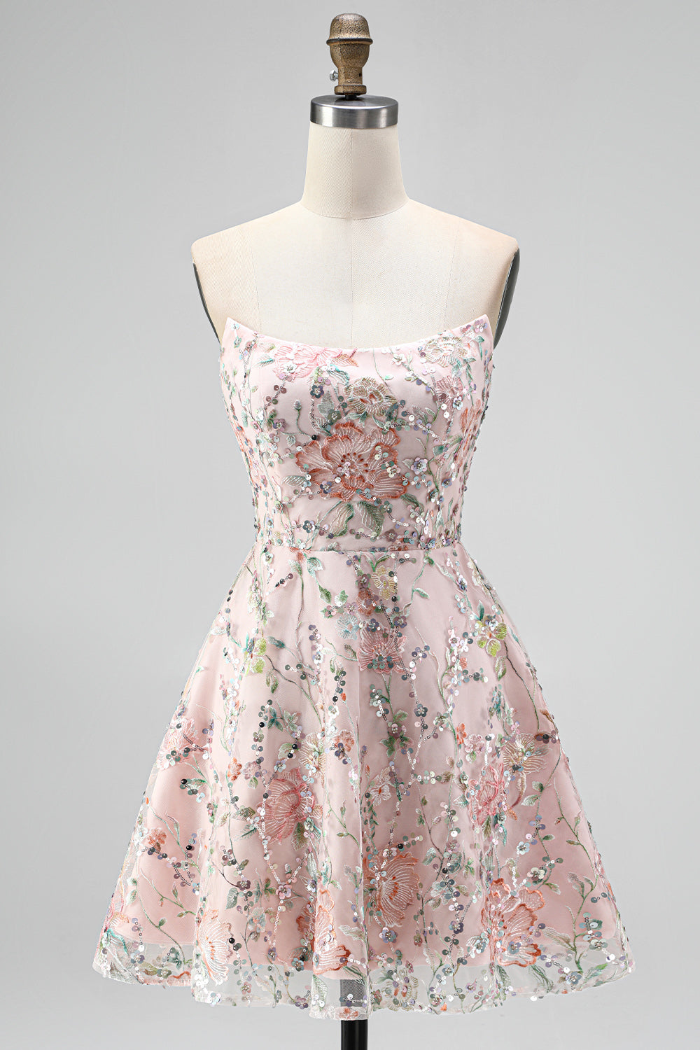 Sparkly Blush Floral Sequin A Line Short Homecoming Dress