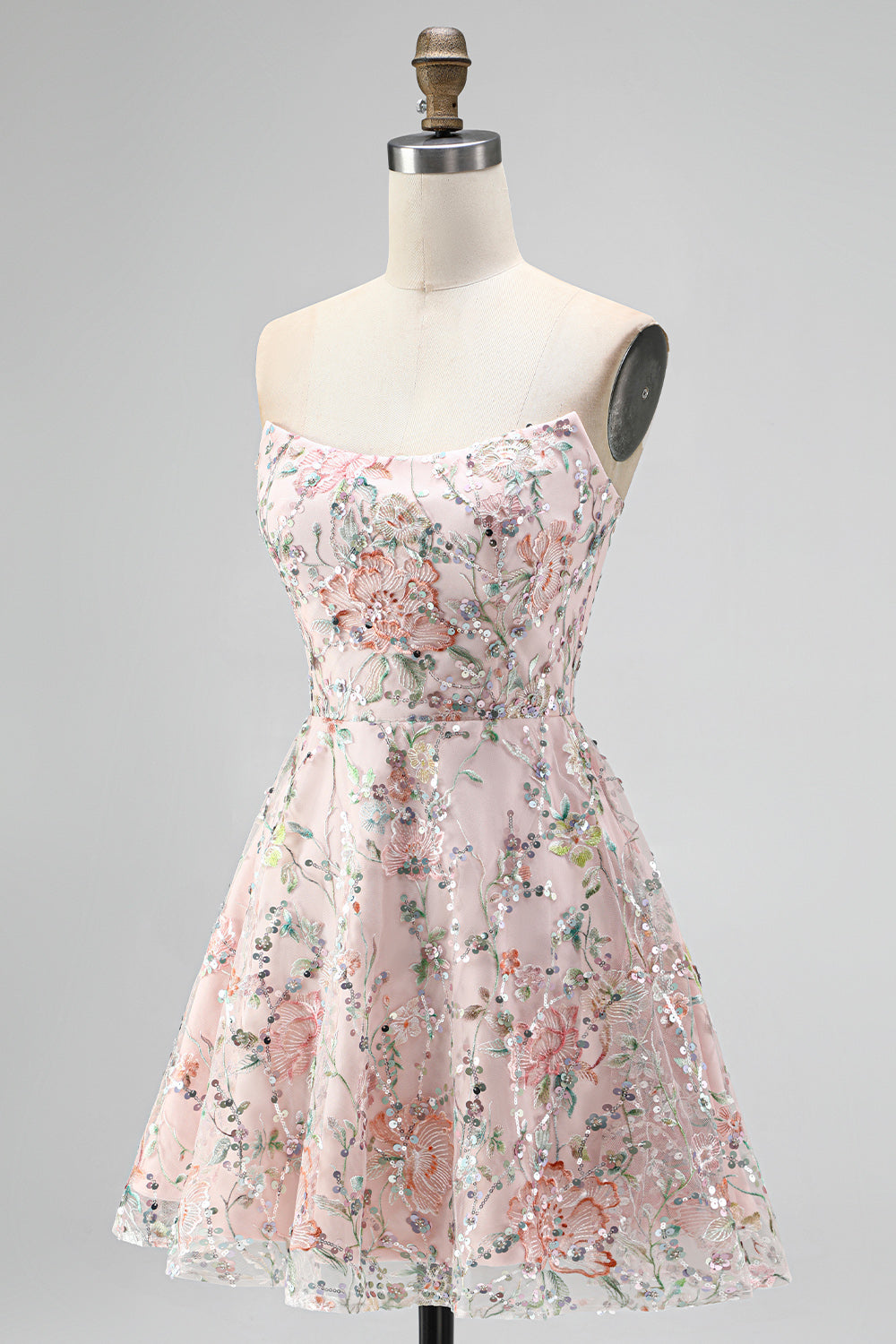 Sparkly Blush Floral Sequin A Line Short Homecoming Dress