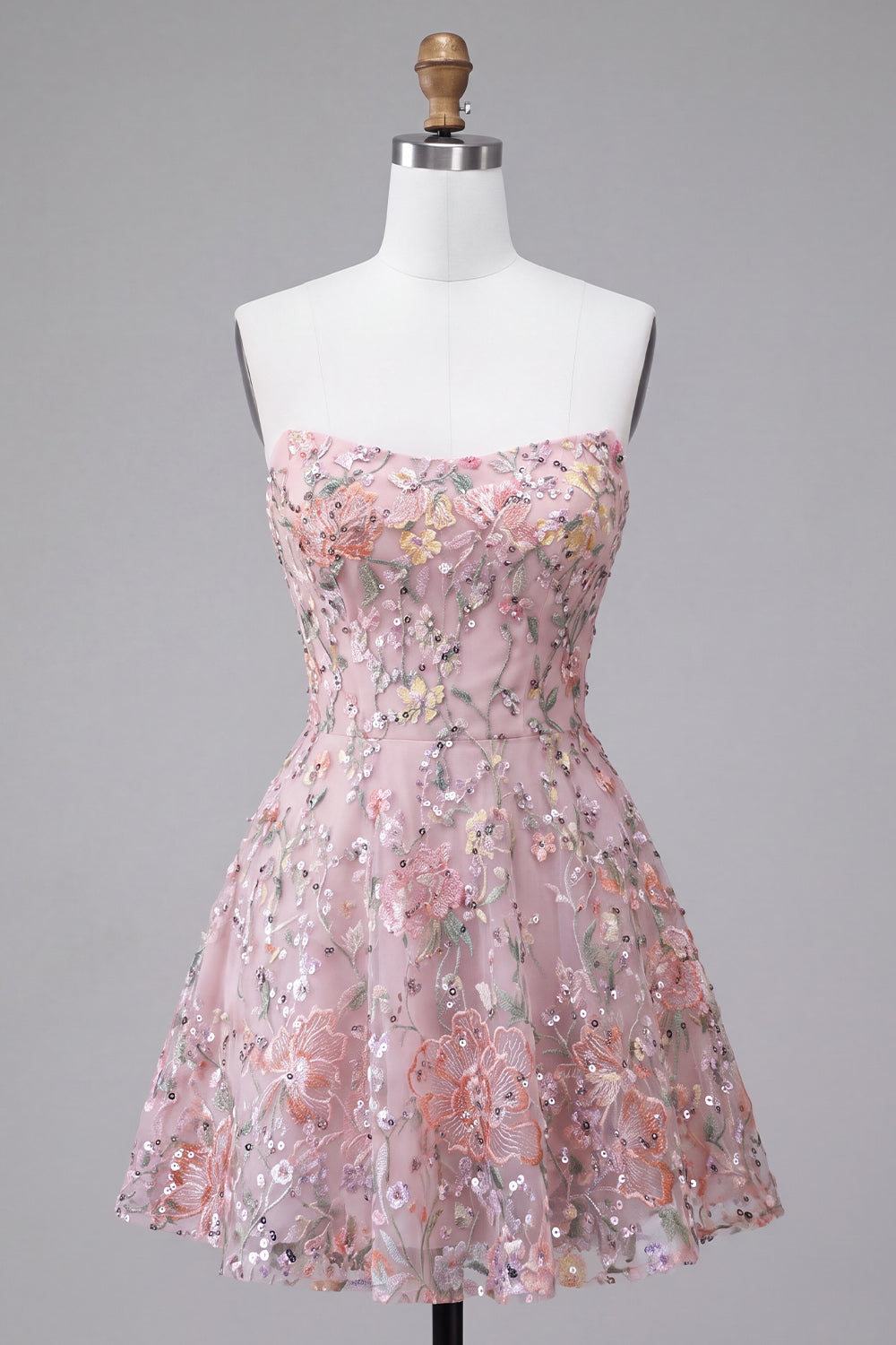 Sparkly Blush Floral Sequin A Line Short Homecoming Dress