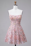 Sparkly Blush Floral Sequin A Line Short Homecoming Dress