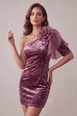 Vintage Mauve Velvet One Shoulder Short Homecoming Dress with 3D Flower