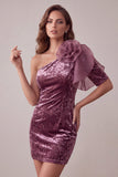 Vintage Mauve Velvet One Shoulder Short Homecoming Dress with 3D Flower