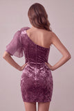 Vintage Mauve Velvet One Shoulder Short Homecoming Dress with 3D Flower