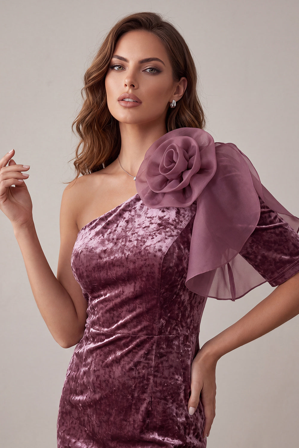 Vintage Mauve Velvet One Shoulder Short Homecoming Dress with 3D Flower