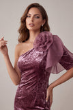 Vintage Mauve Velvet One Shoulder Short Homecoming Dress with 3D Flower