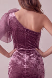 Vintage Mauve Velvet One Shoulder Short Homecoming Dress with 3D Flower