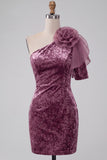 Vintage Mauve Velvet One Shoulder Short Homecoming Dress with 3D Flower